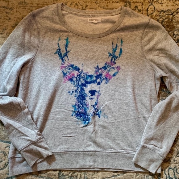 Aeropostale Gray Blue Deer Graphic Raglan Sweatshirt size XL - Picture 2 of 5
